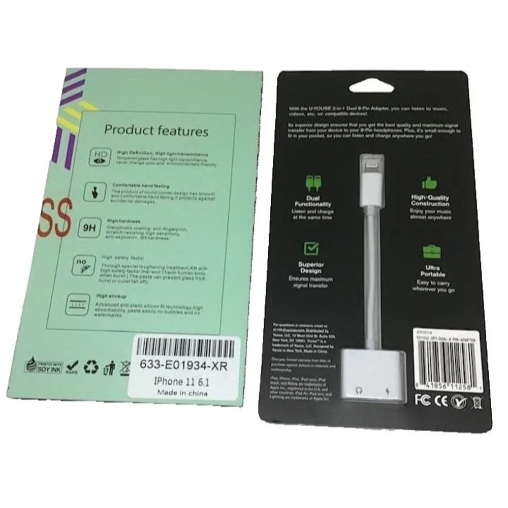 U Youse 2 in 1 Dual 8-Pin Adapter Charge Iphone 11 Ipad Tempered Glass NEW